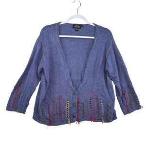 Icelandic Design Womens Blue Silk Blend Embroidered Tassel Cardigan Sweater L